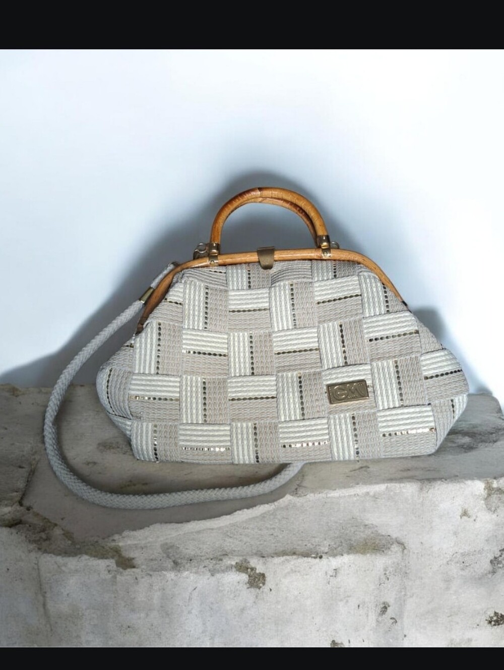 Woven Cream Crossbody Bag with Rattan Handle. Made In Italy. Vintage.